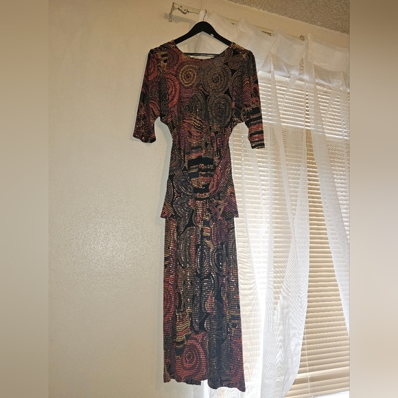 VINTAGE 1980's Janine Hand Painted Metallic Mosaic Runway Dress ITALY S - Picture 3 of 11